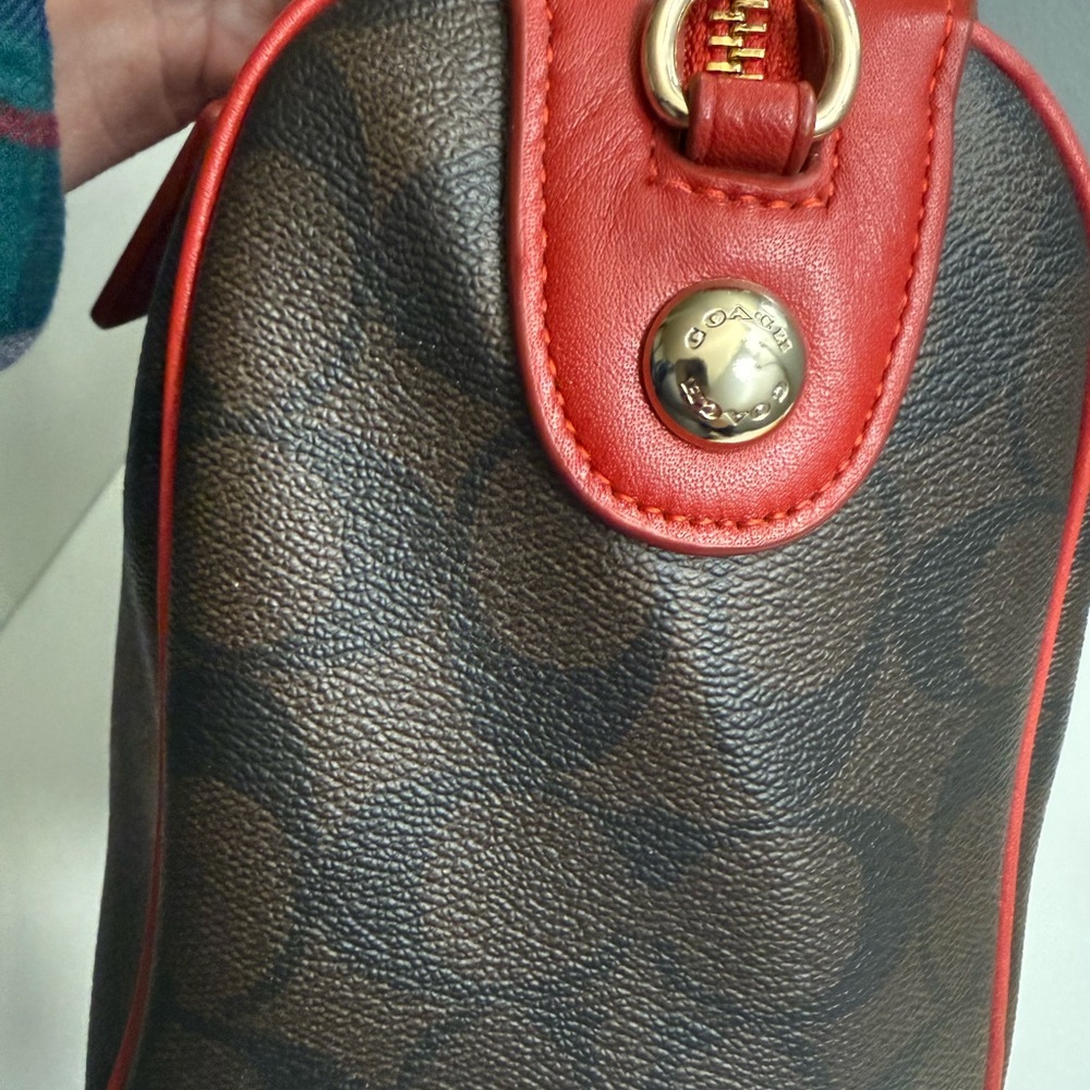 👜 Coach Leather Mini Satchel w/ Signature Stripe – Red & Brown - Picture 8 of 12